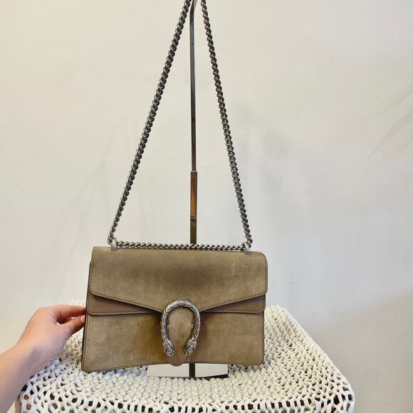 Gucci Medium Suede Dionysus Crossbody Shoulder Bag Double Flap Taupe Neutral - Picture 5 of 16